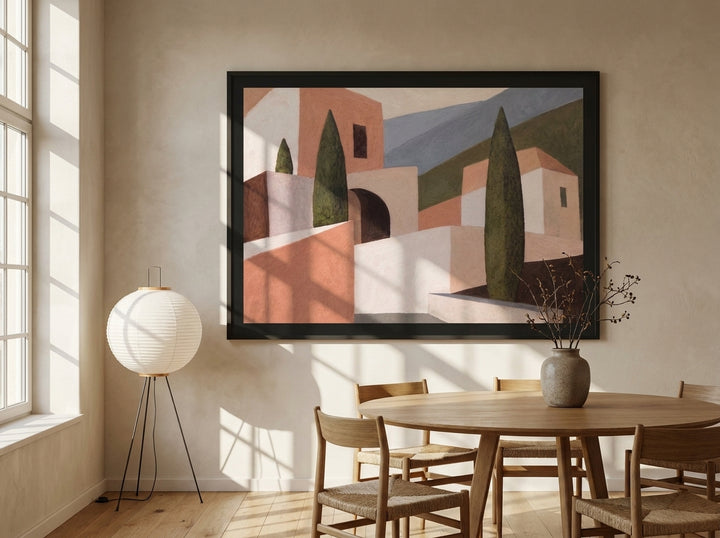 Oversized statement modern wall art print styled on the wall in a warm Japandi dining room