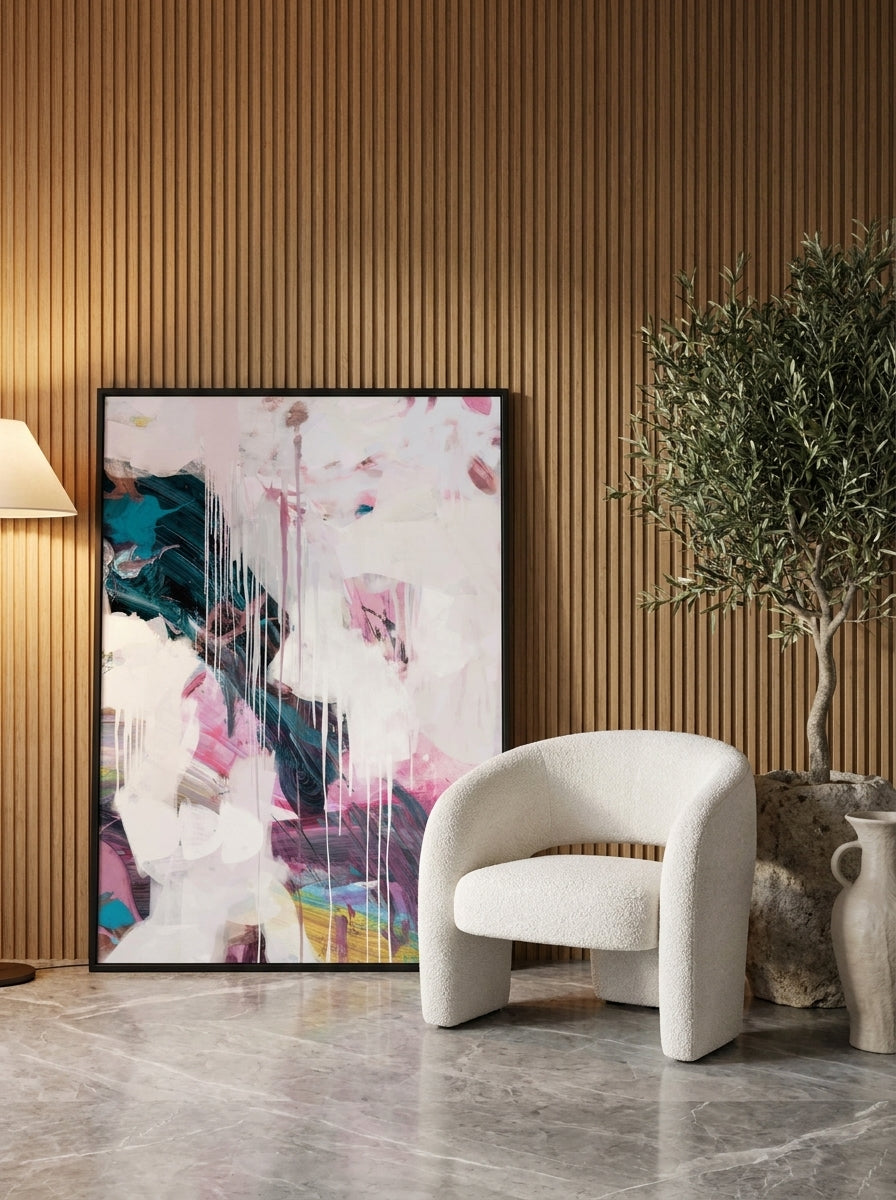 Modern wall art print leaning against the wall in a luxe dining room