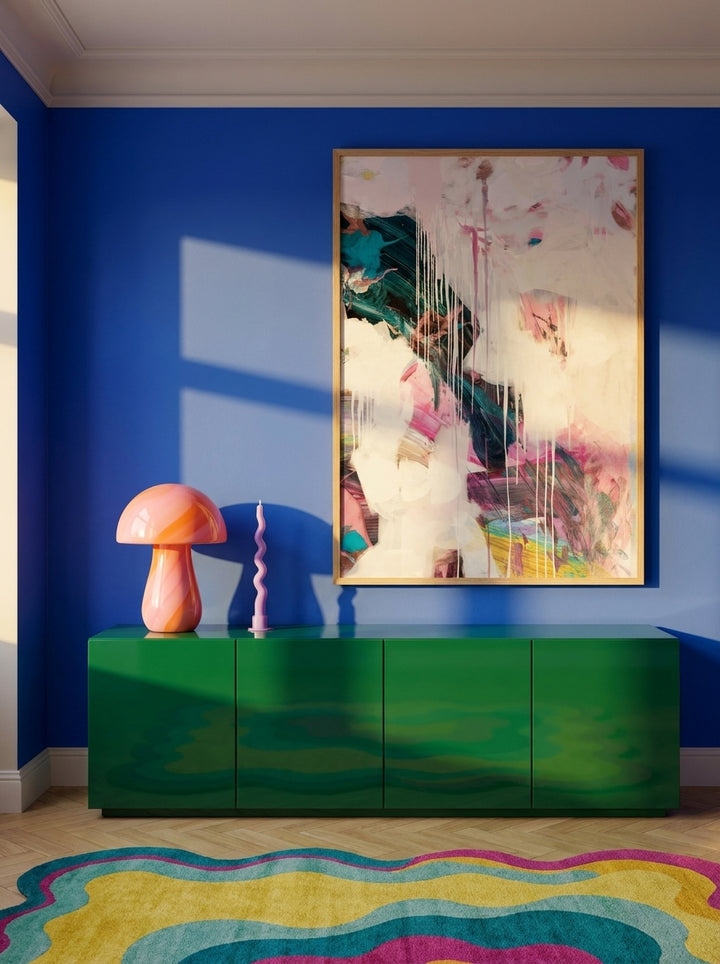 Oversized statement modern wall art print styled on the wall in a colourful eclectic living room