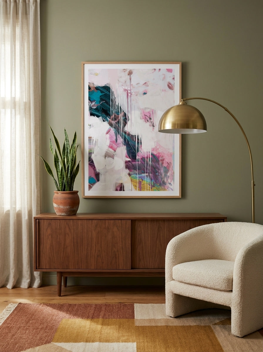 Modern wall art print styled on the wall in a mid-century living room