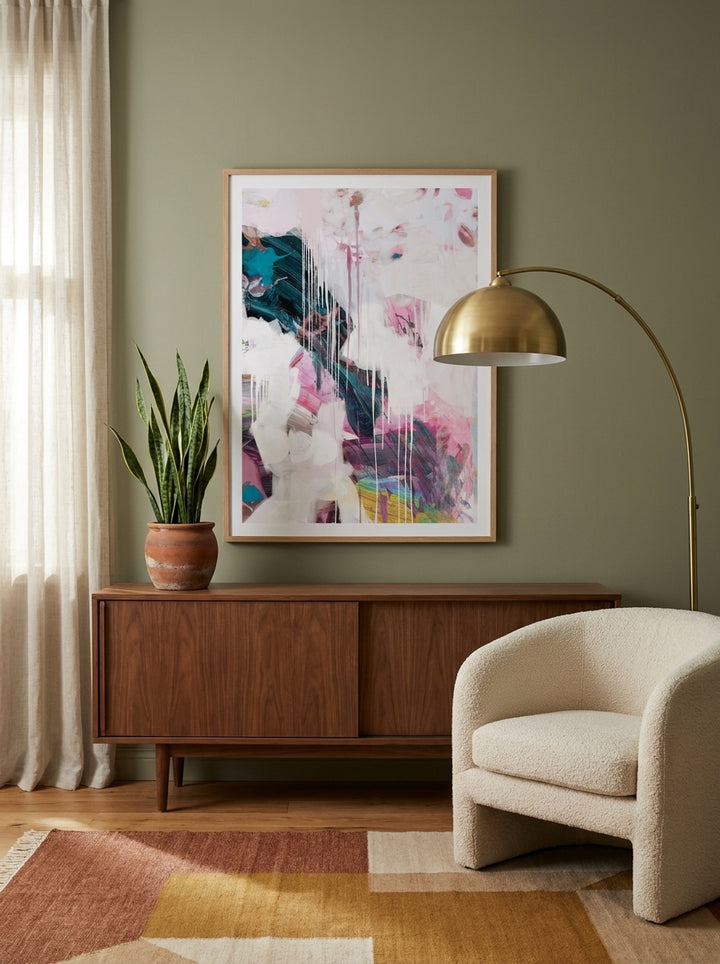 Modern wall art print styled on the wall in a mid-century living room