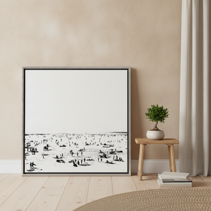 Canvas wall art with a silver leaf surround leaning against the wall in a warm Japandi home office