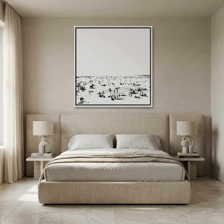Canvas wall art with a white surround styled on the wall in a luxe bedroom