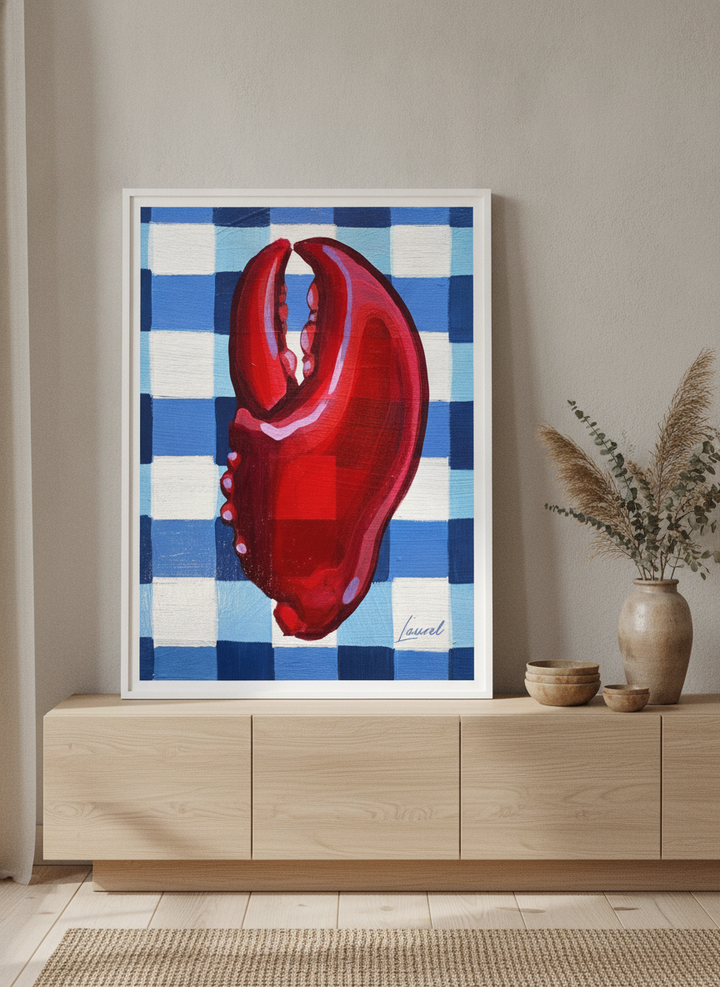 Modern wall art print standing on a sideboard in a warm Japandi dining room