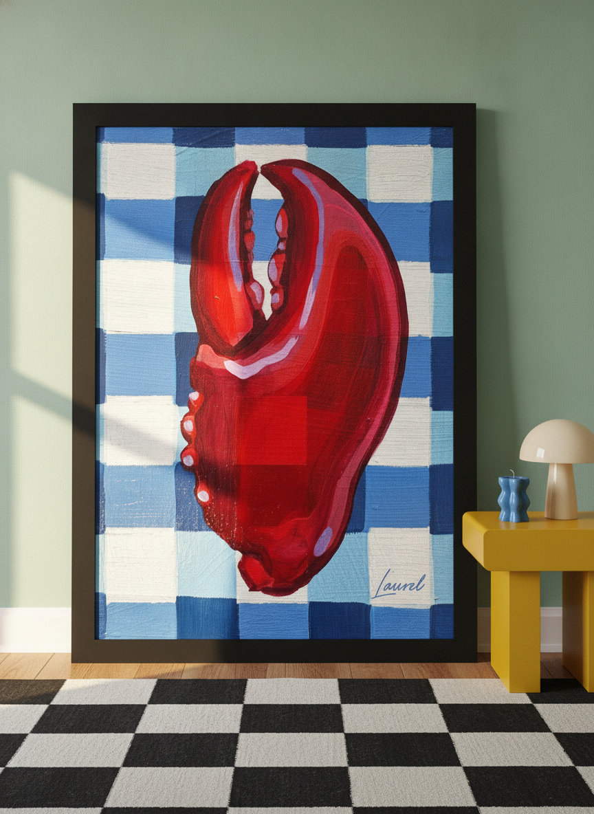 Oversized statement modern wall art print leaning against the wall in a colourful eclectic dining room