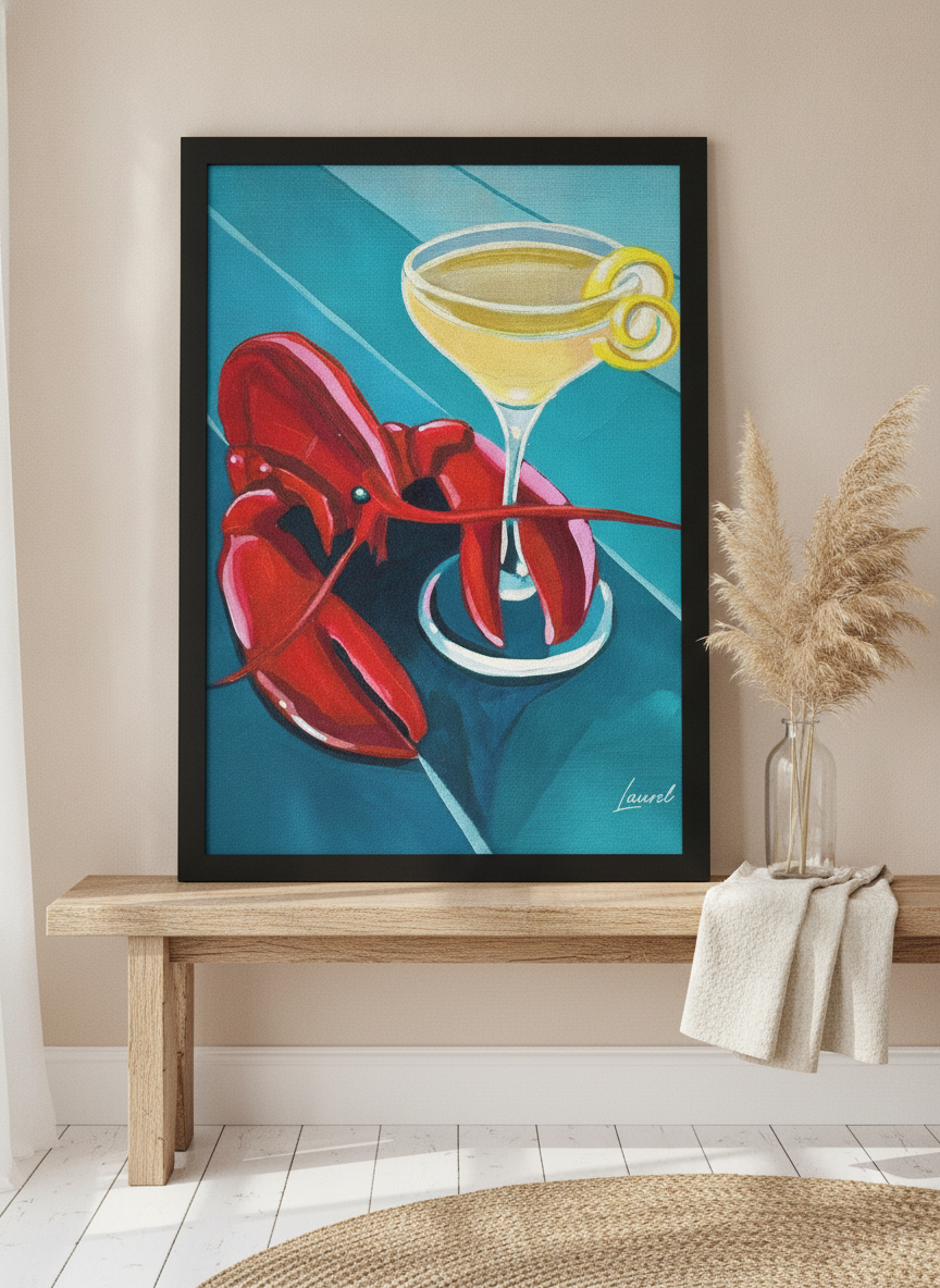 Modern wall art print standing on a kitchen bench in a coastal kitchen