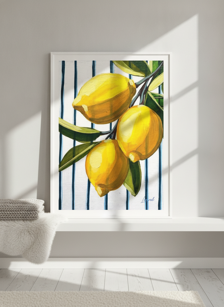 Modern wall art print standing on a shelf in a bright Scandinavian living room