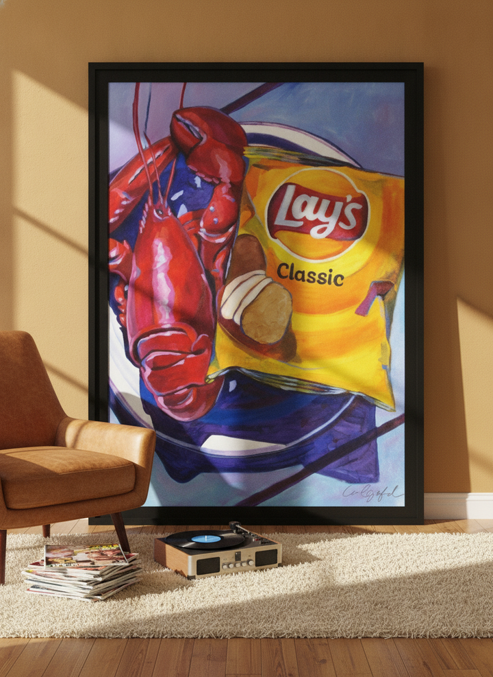 Oversized statement modern wall art print leaning against the wall in a retro 70s dining room