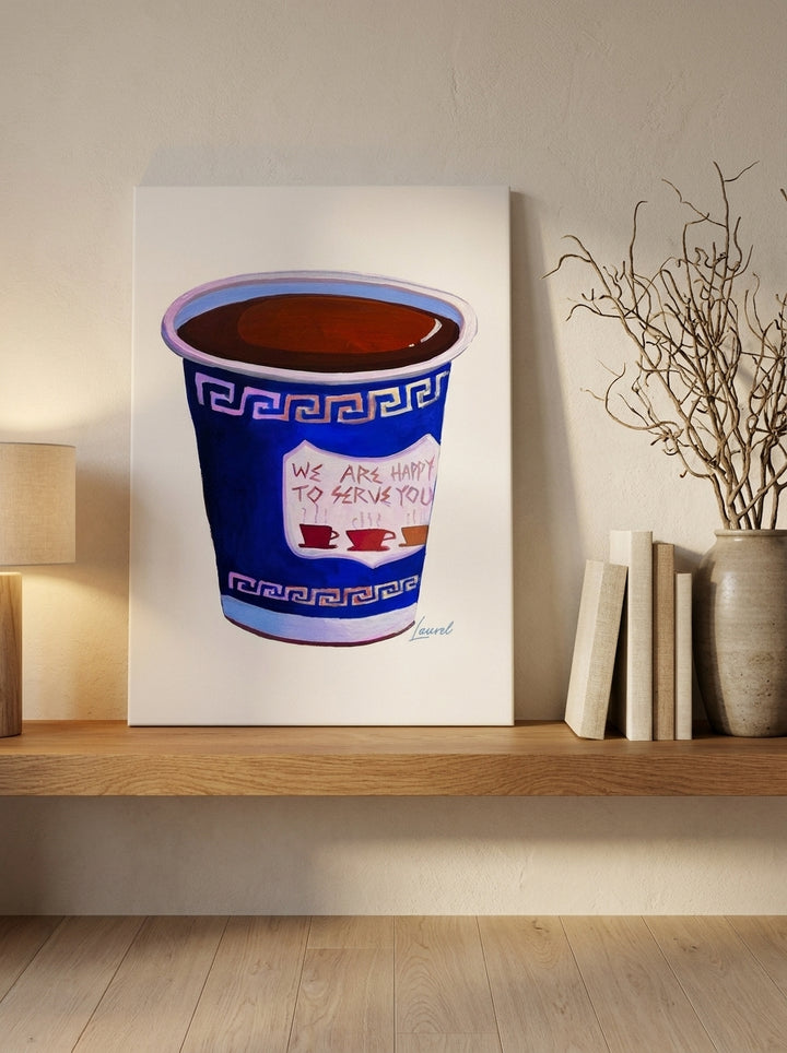 Stretched canvas wall art standing on a shelf in a warm Japandi living room
