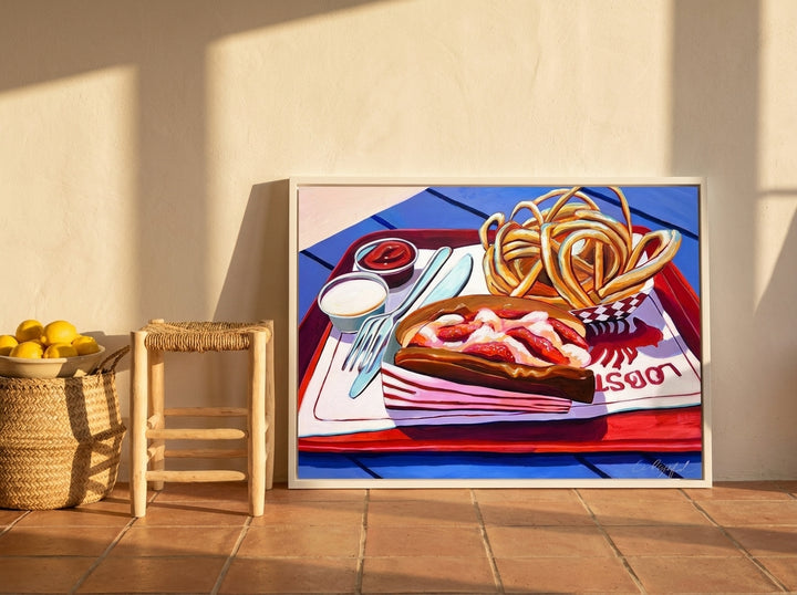 Modern wall art print leaning against the wall in a Mediterranean dining room