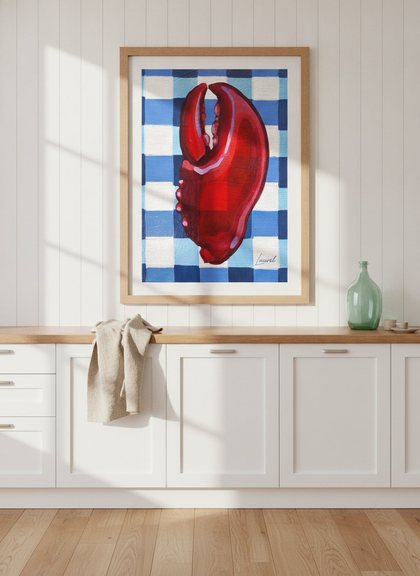 Modern wall art print styled on the wall in a coastal kitchen