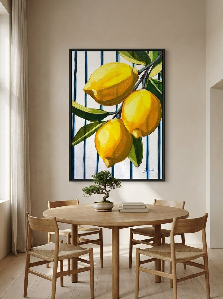 Oversized statement modern wall art print styled on the wall in a warm Japandi dining room