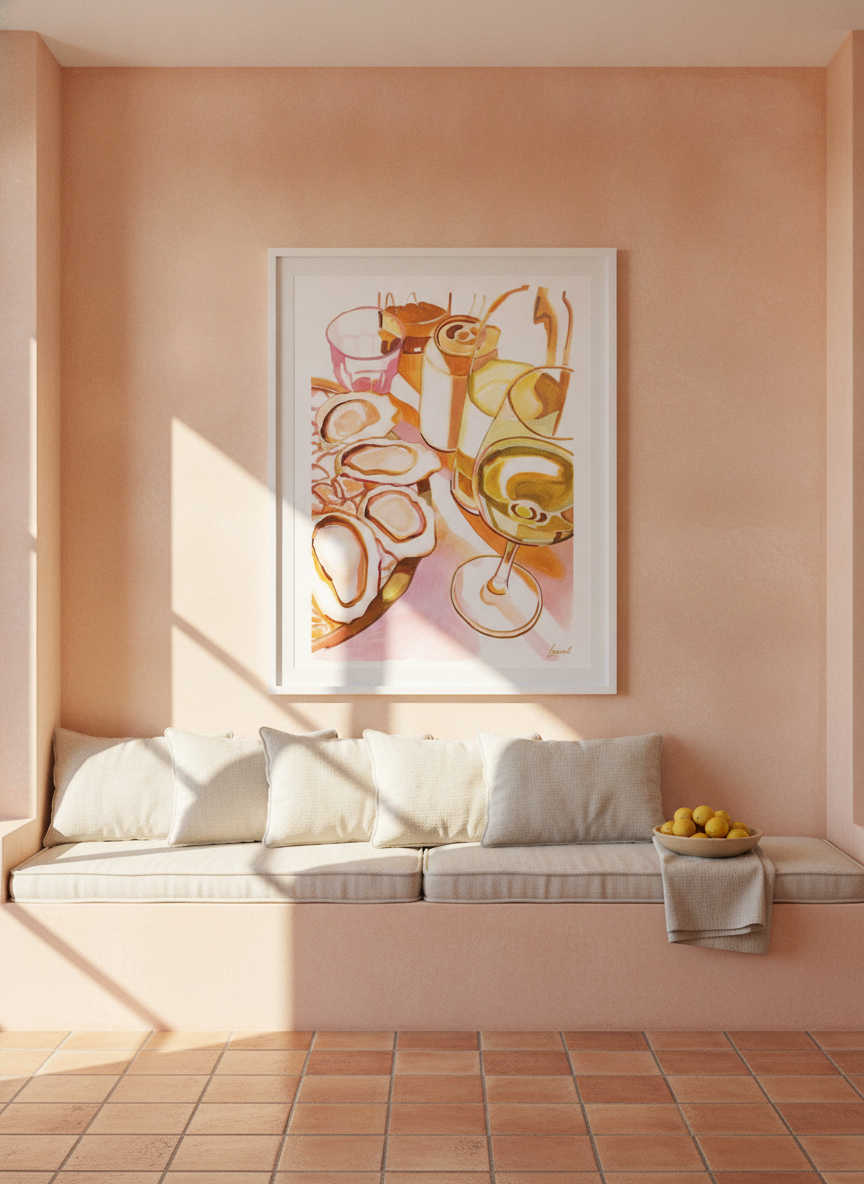 Oversized statement modern wall art print styled on the wall in a Mediterranean living room