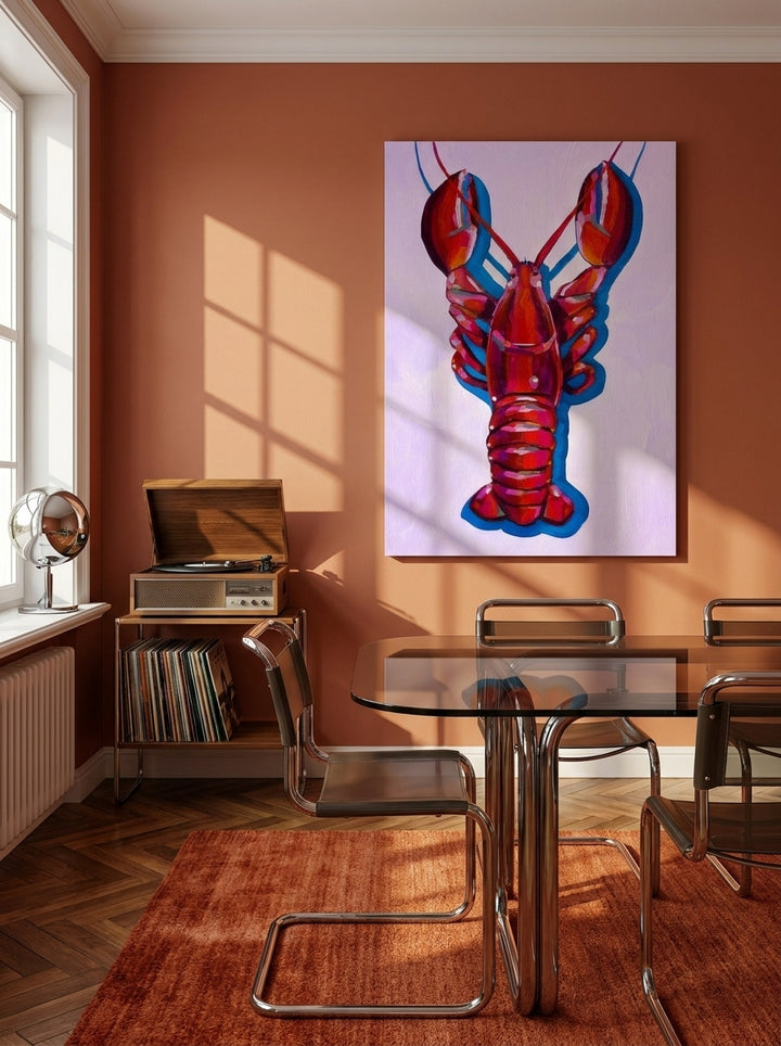 Stretched canvas wall art styled on the wall in a retro 70s dining room