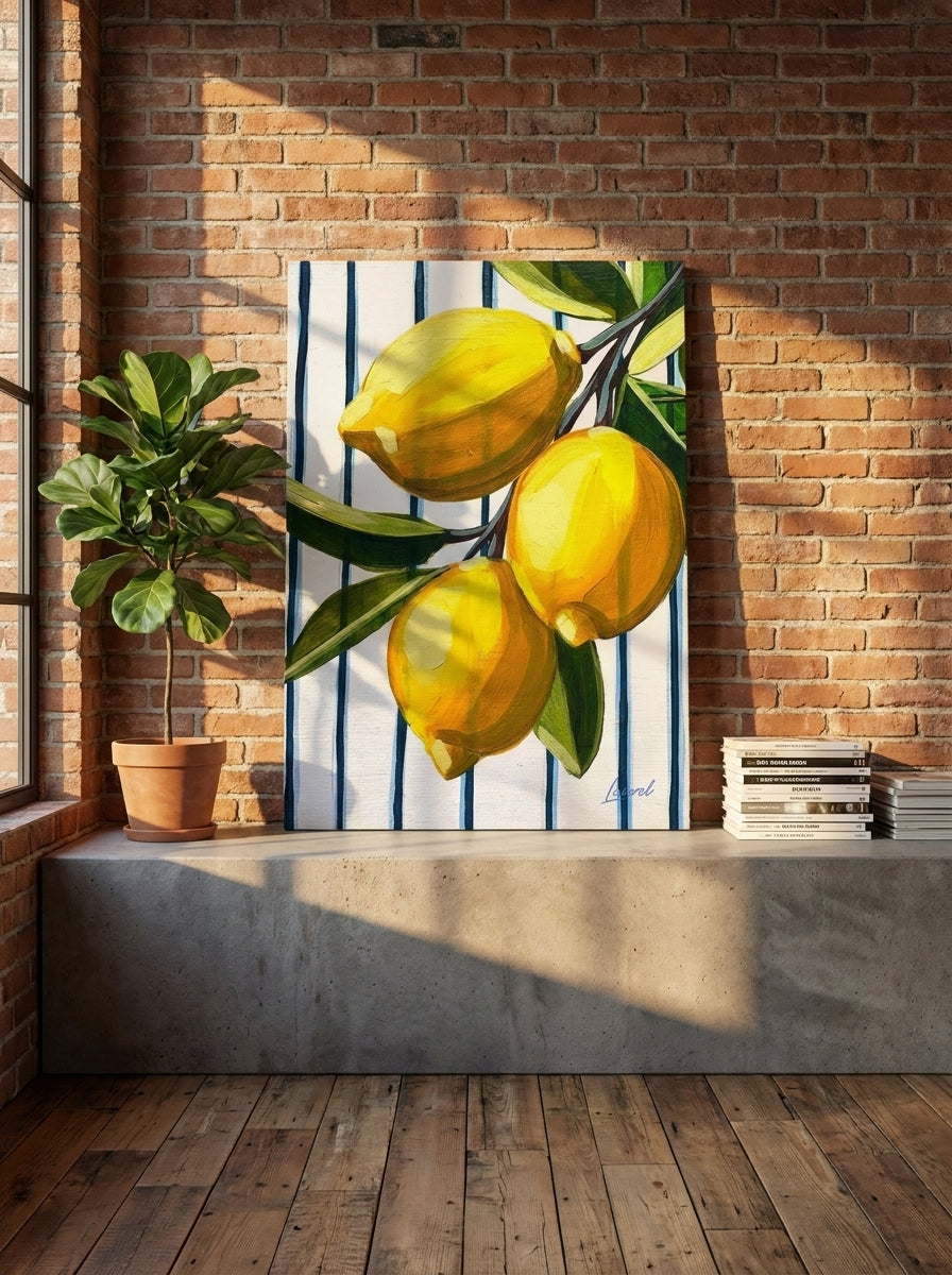 Stretched canvas wall art standing on a kitchen bench in an industrial loft kitchen