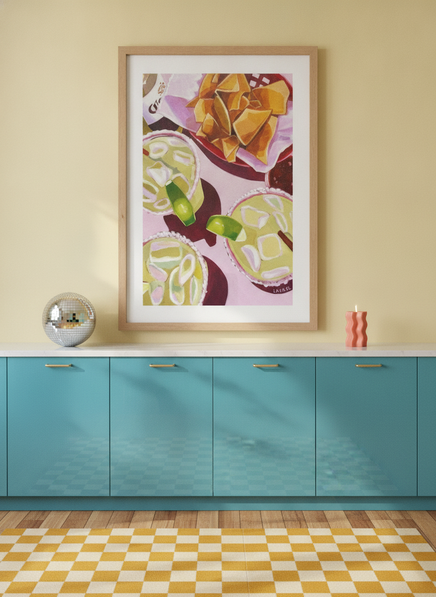 Modern wall art print styled on the wall in a colourful eclectic kitchen