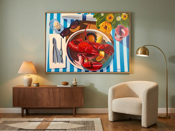 Oversized statement canvas wall art with a natural timber surround styled on the wall in a mid-century living room