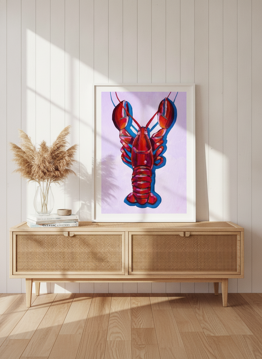 Modern wall art print standing on a sideboard in a coastal living room