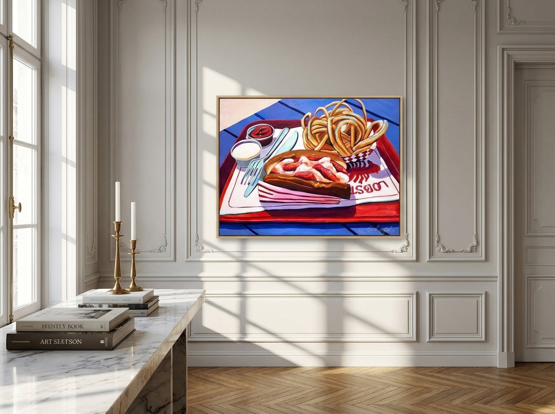Oversized statement canvas wall art with a natural timber surround styled on the wall in a Parisian living room