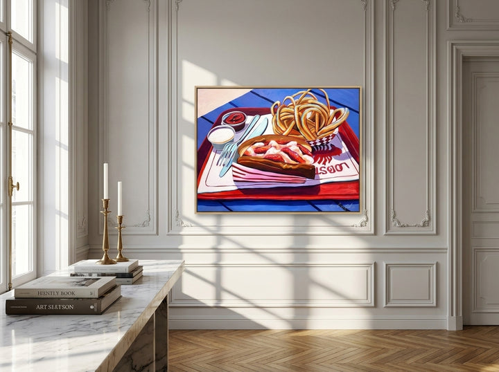 Oversized statement canvas wall art with a natural timber surround styled on the wall in a Parisian living room