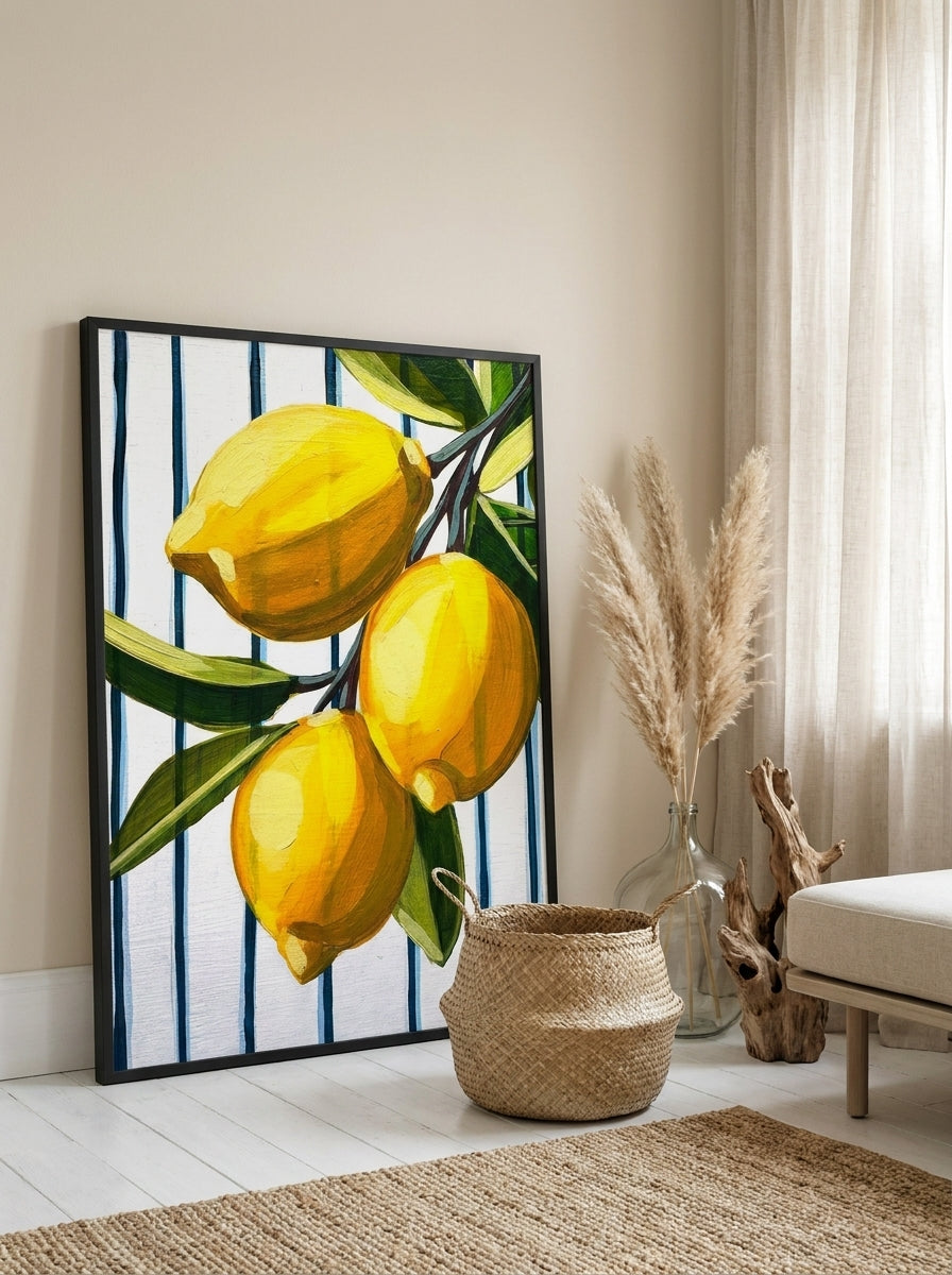 Oversized statement modern wall art print leaning against the wall in a coastal dining room