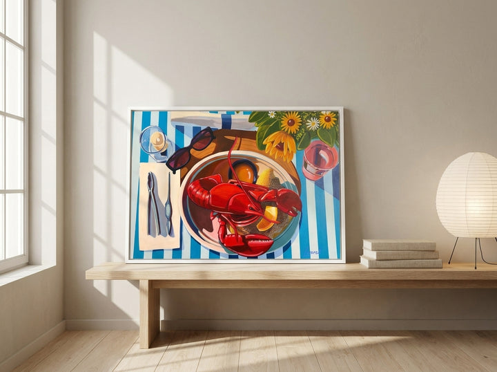 Canvas wall art with a white surround standing on a kitchen bench in a warm Japandi kitchen