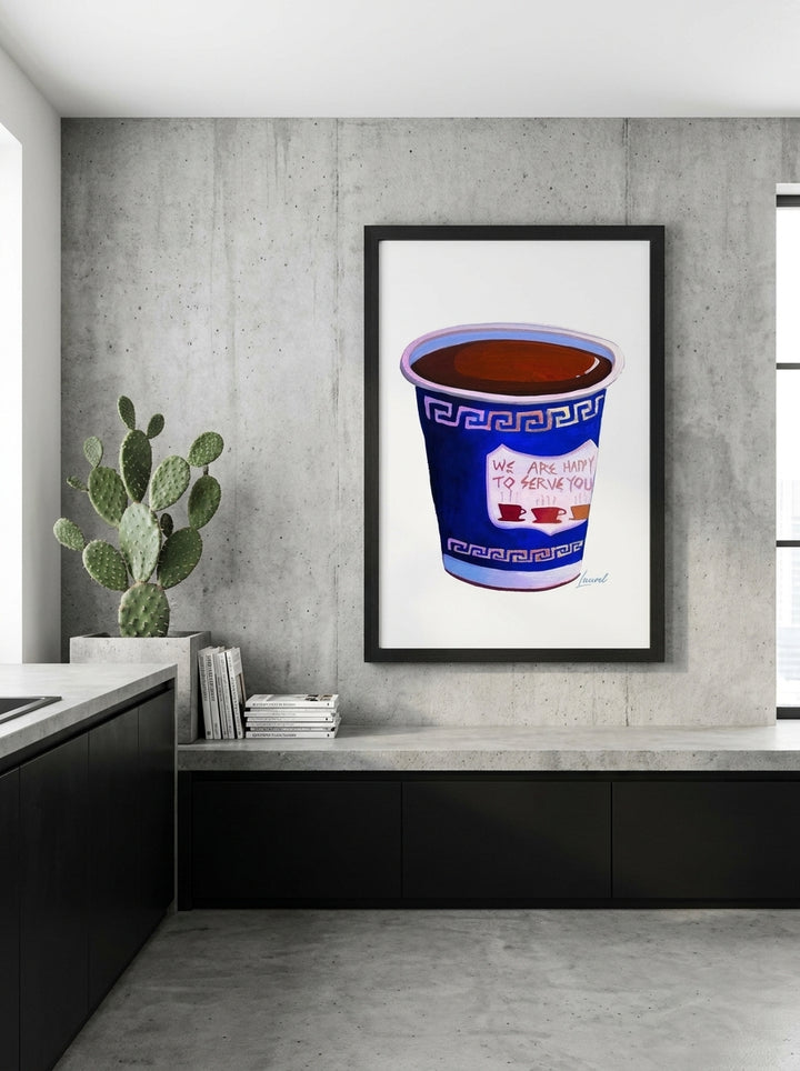 Modern wall art print styled on the wall in an industrial loft kitchen