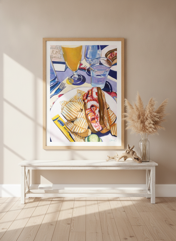Oversized statement modern wall art print styled on the wall in a coastal living room