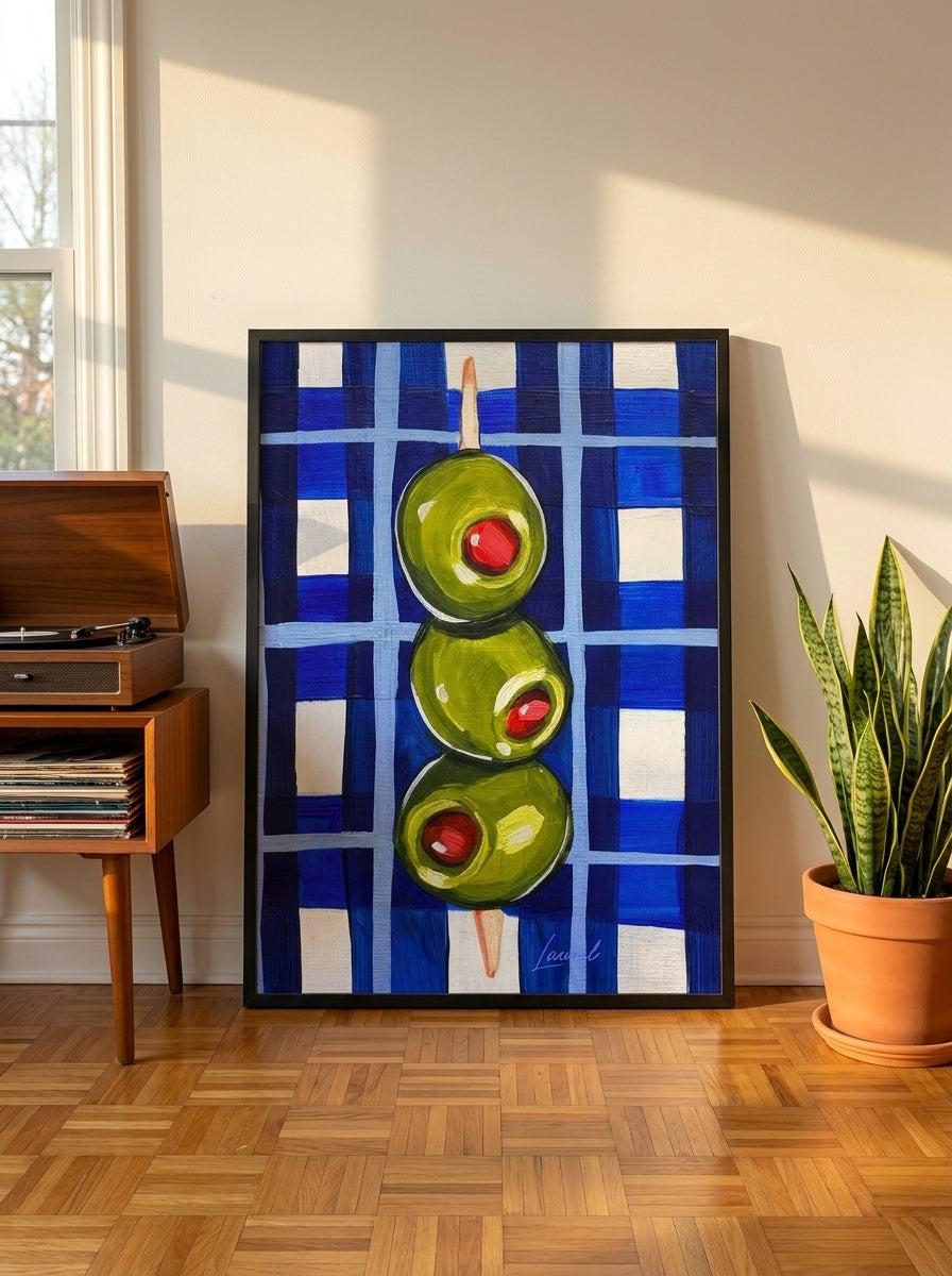 Modern wall art print leaning against the wall in a mid-century kitchen