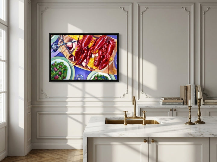Canvas wall art with a black surround styled on the wall in a Parisian kitchen