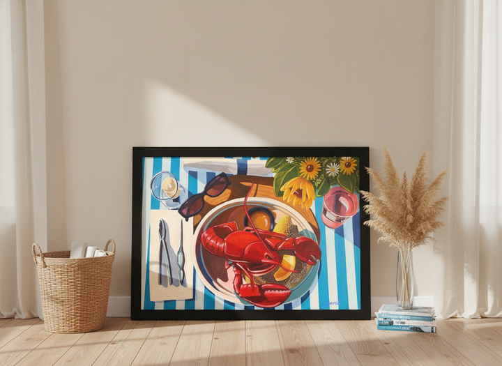 Modern wall art print leaning against the wall in a coastal kitchen