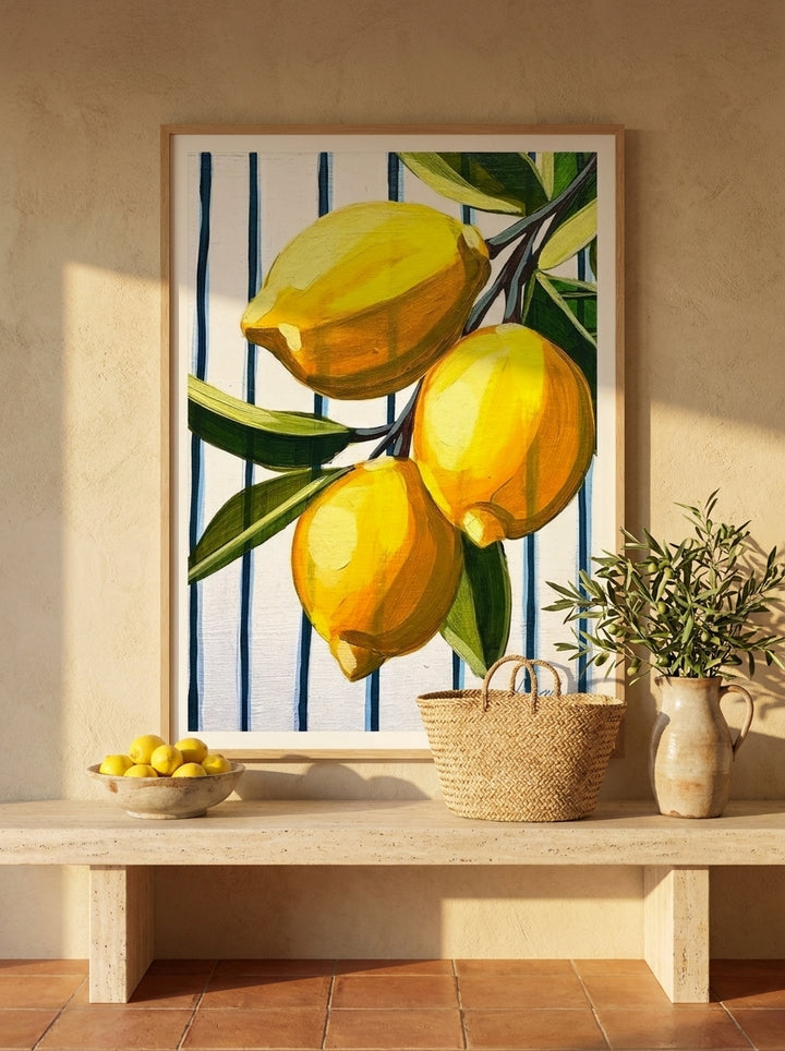 Modern wall art print styled on the wall in a Mediterranean kitchen