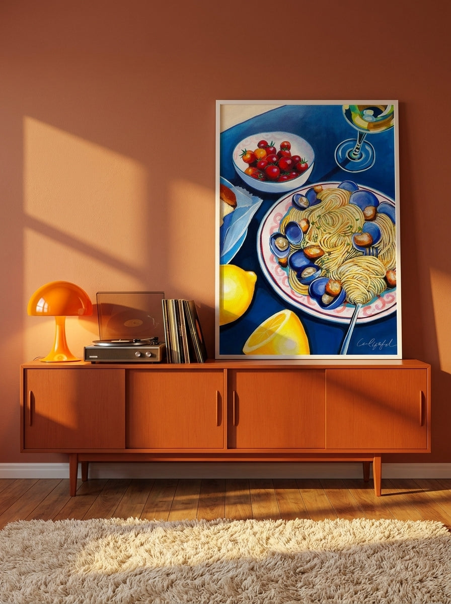 Modern wall art print standing on a sideboard in a retro 70s living room