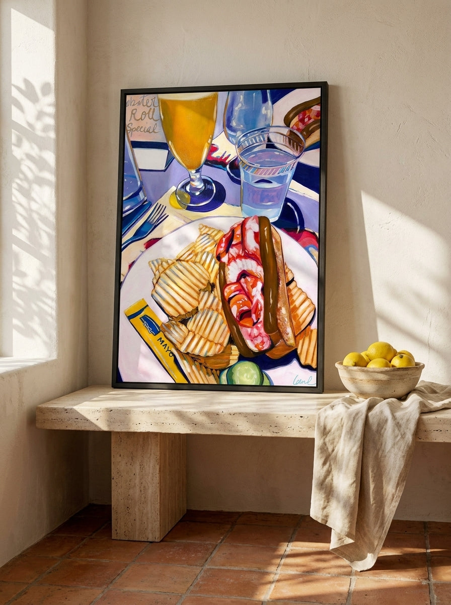 Modern wall art print standing on a kitchen bench in a Mediterranean kitchen