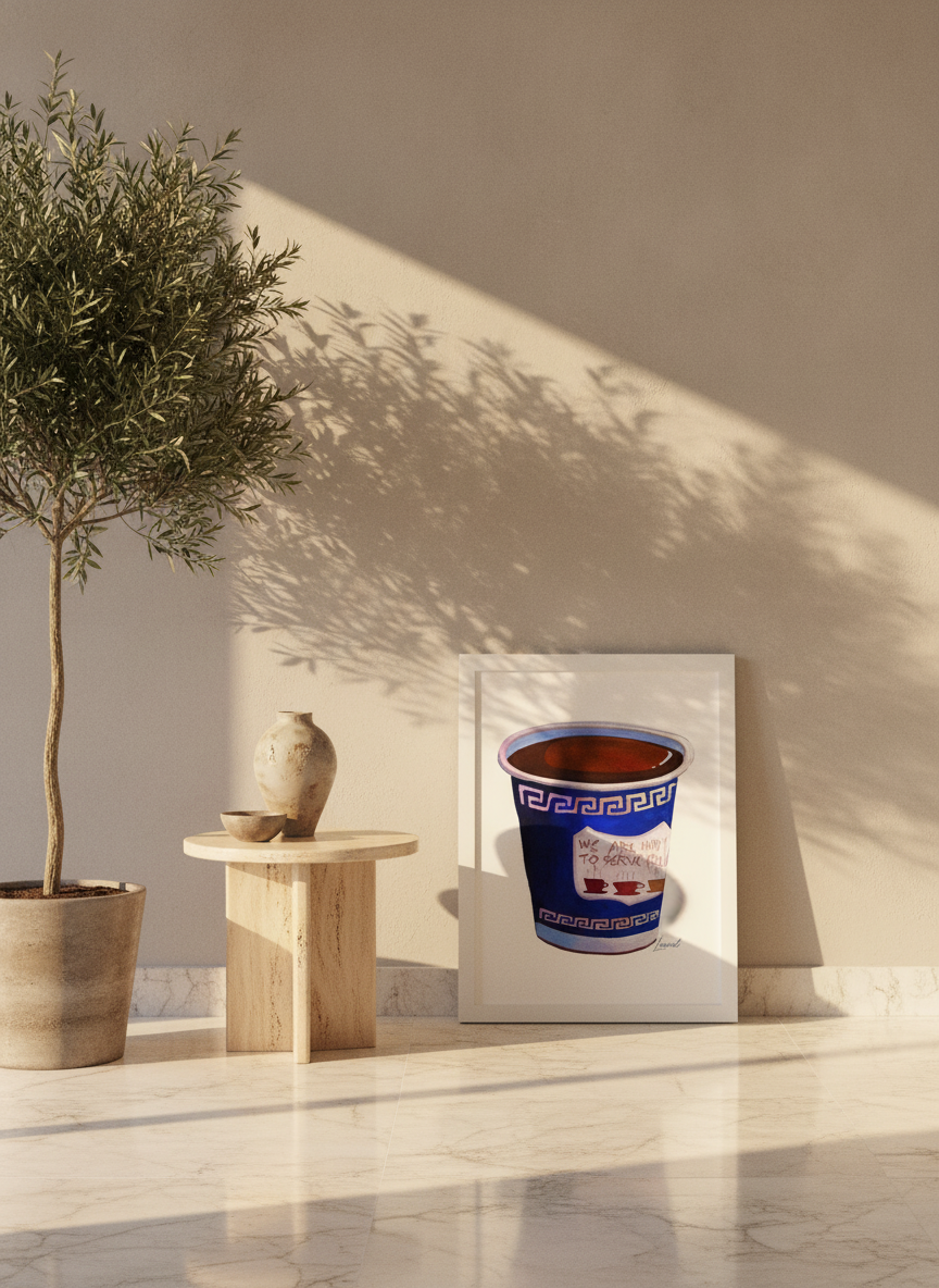Modern wall art print leaning against the wall in a luxe dining room