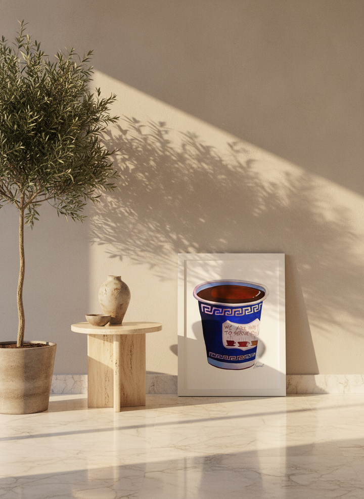 Modern wall art print leaning against the wall in a luxe dining room