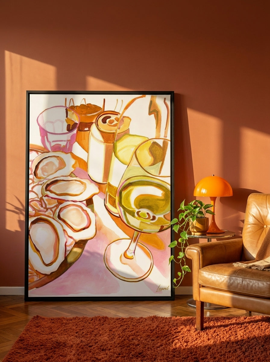 Oversized statement canvas wall art with a black surround leaning against the wall in a retro 70s living room