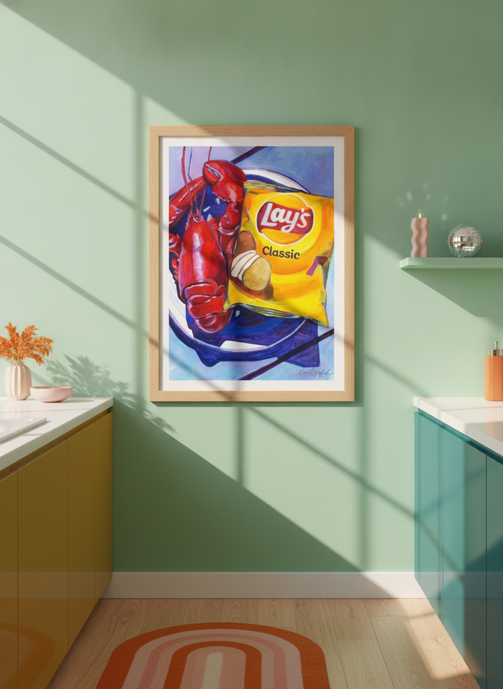 Modern wall art print styled on the wall in a colourful eclectic kitchen