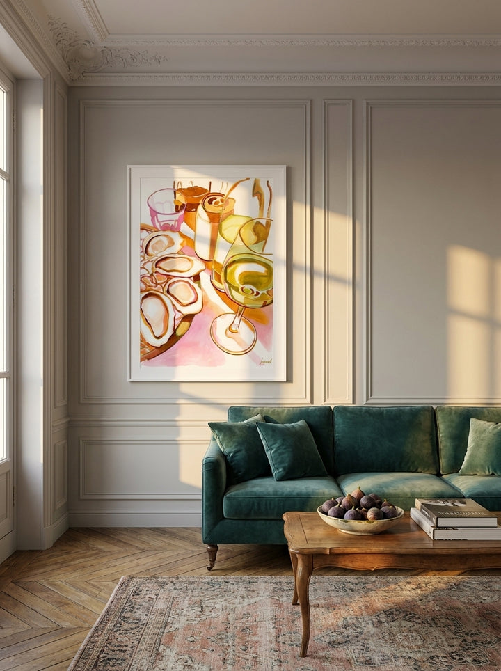 Oversized statement modern wall art print styled on the wall in a Parisian living room