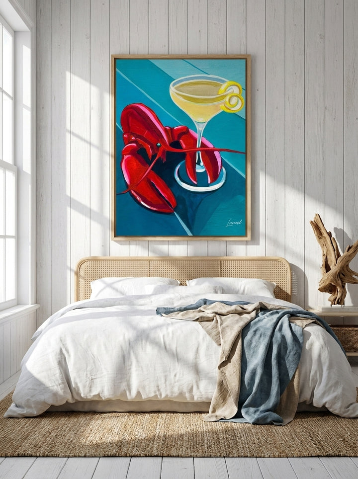 Modern wall art print styled on the wall in a coastal bedroom