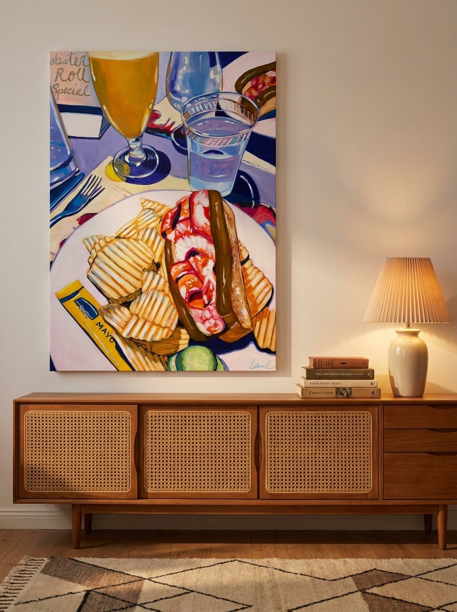 Stretched canvas wall art styled on the wall in a mid-century living room