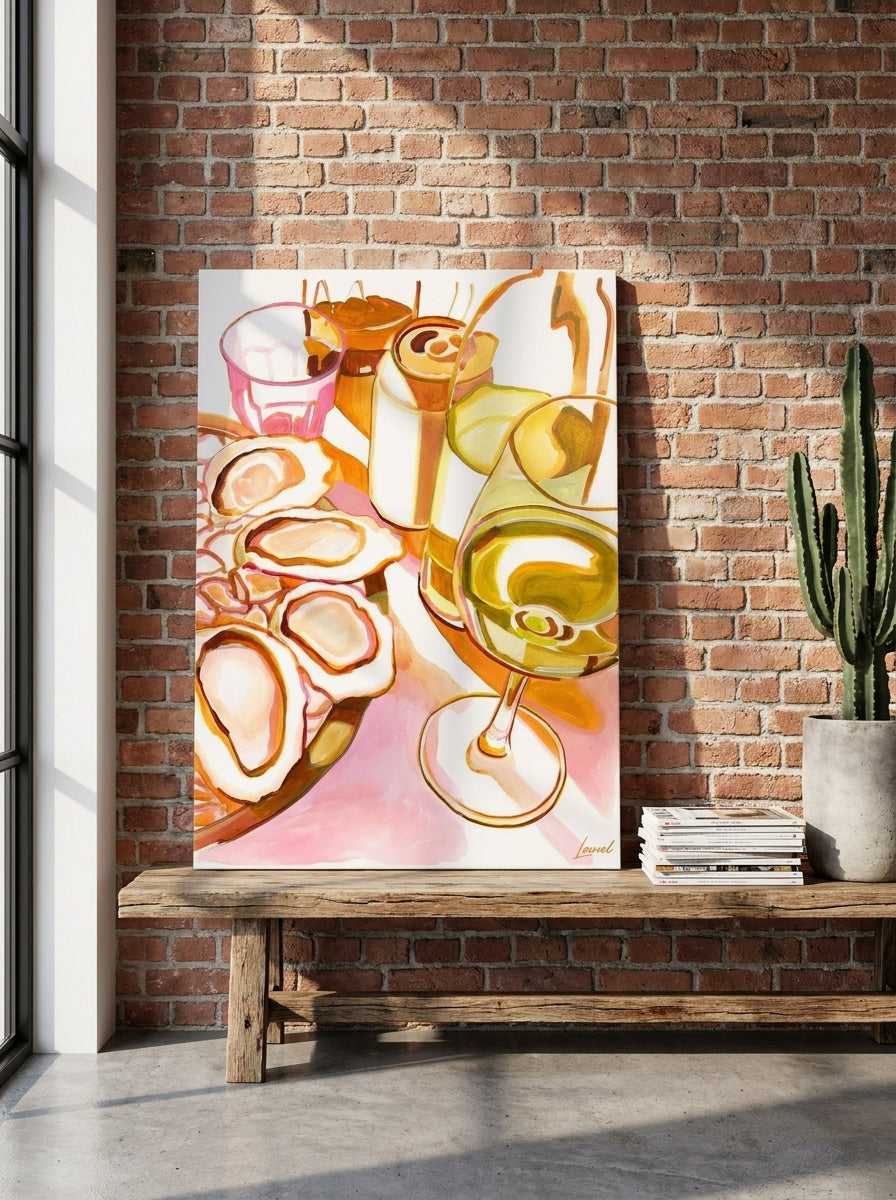 Stretched canvas wall art standing on a bench in an industrial loft dining room