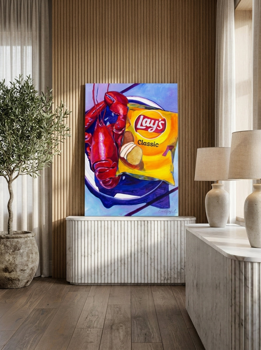 Stretched canvas wall art standing on a sideboard in a luxe living room