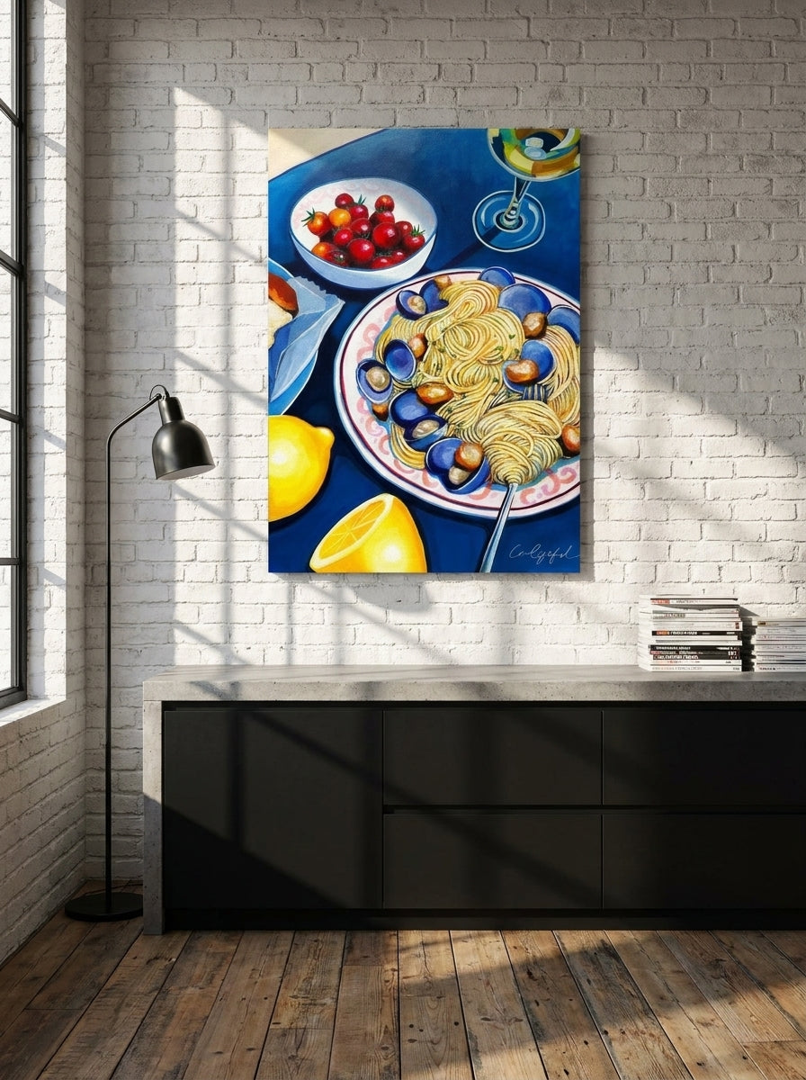 Stretched canvas wall art styled on the wall in an industrial loft kitchen