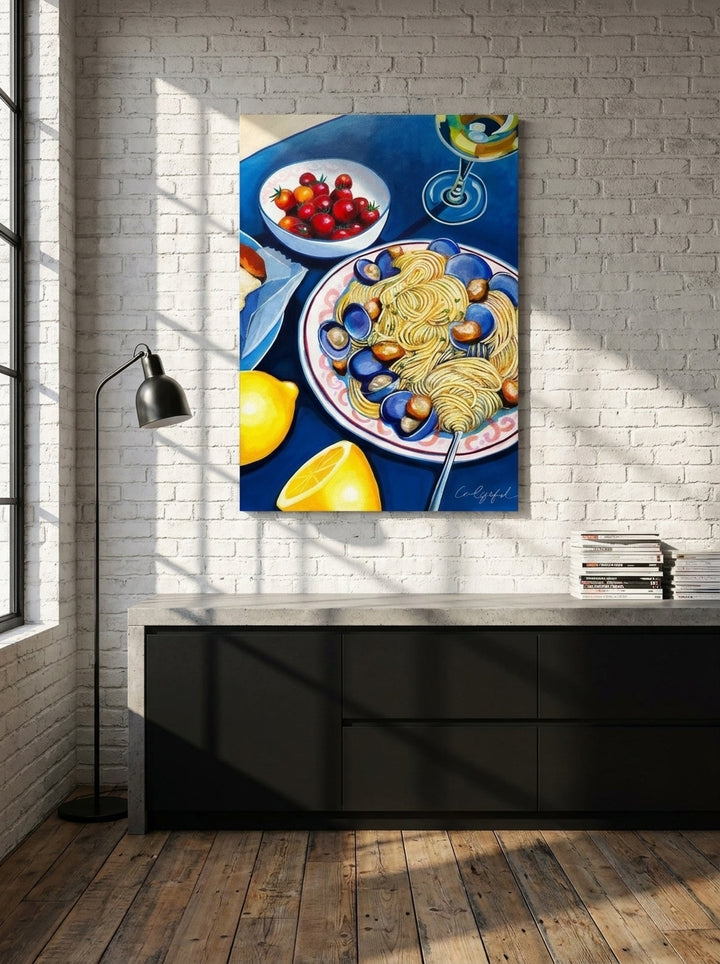 Stretched canvas wall art styled on the wall in an industrial loft kitchen