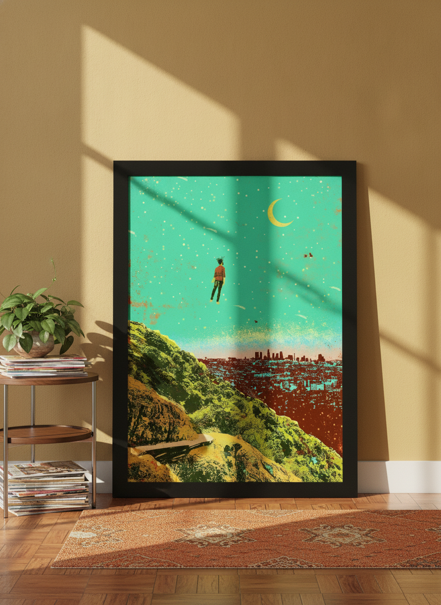 Modern wall art print leaning against the wall in a retro 70s home office