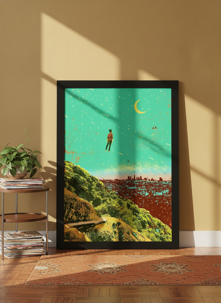 Modern wall art print leaning against the wall in a retro 70s home office
