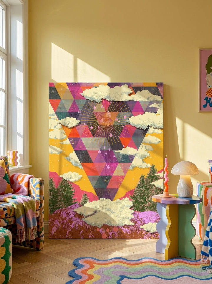 Stretched canvas wall art leaning against the wall in a colourful eclectic living room
