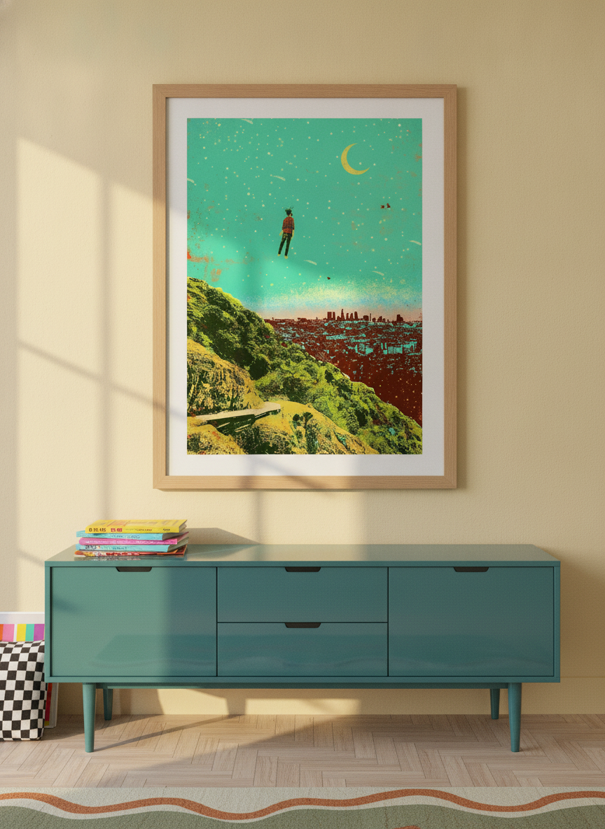 Modern wall art print styled on the wall in a colourful eclectic living room