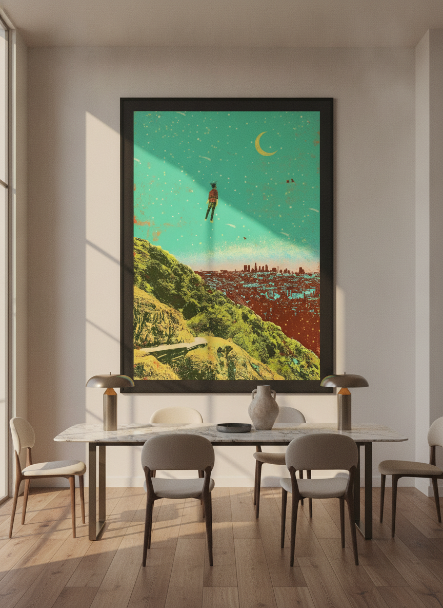 Oversized statement modern wall art print styled on the wall in a luxe dining room